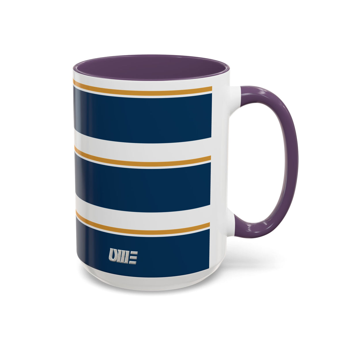 Navy and Gold Striped Accent Mug — White Ceramic