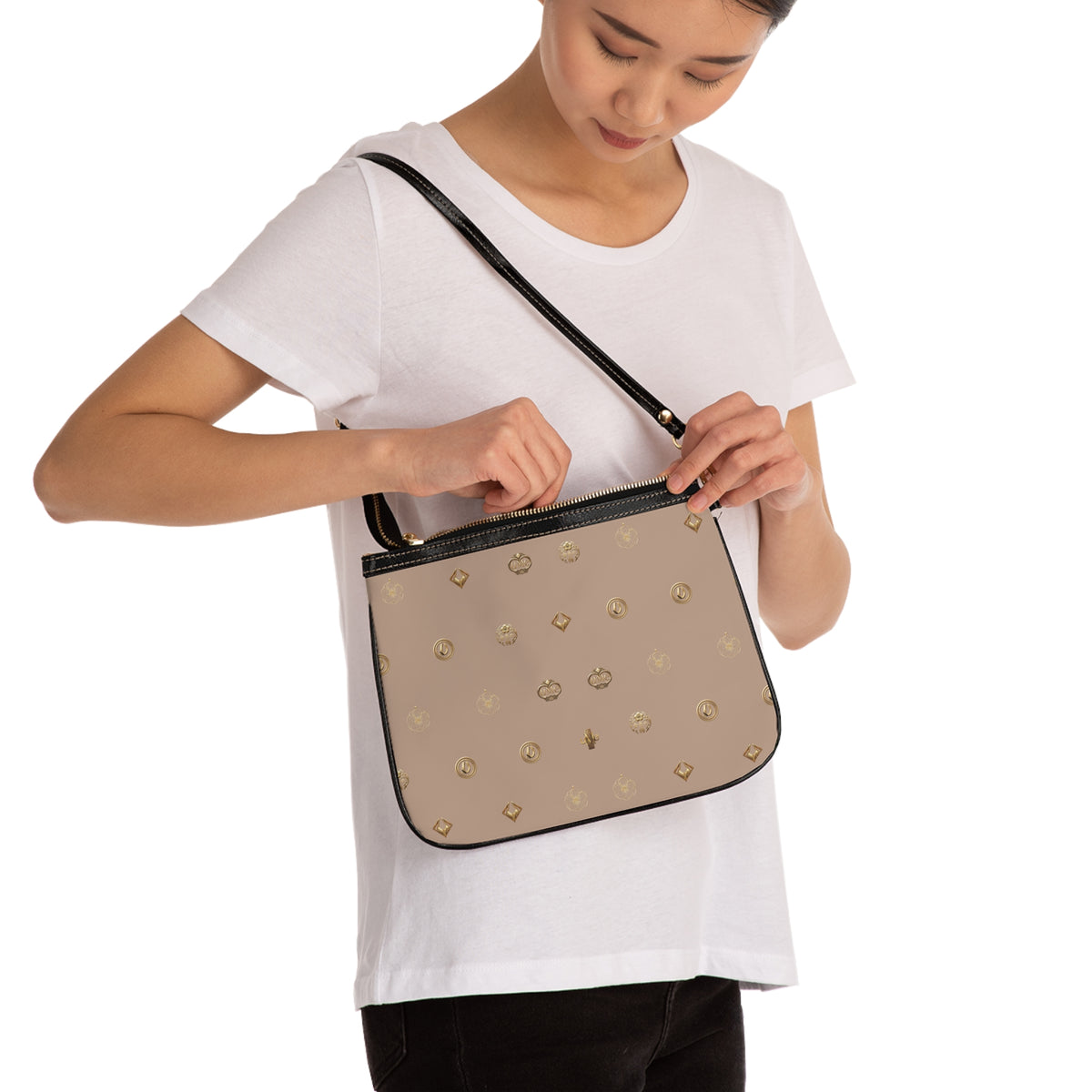 Taupe Monogram Small Shoulder Bag – Gold Emblem Print PU Leather Purse