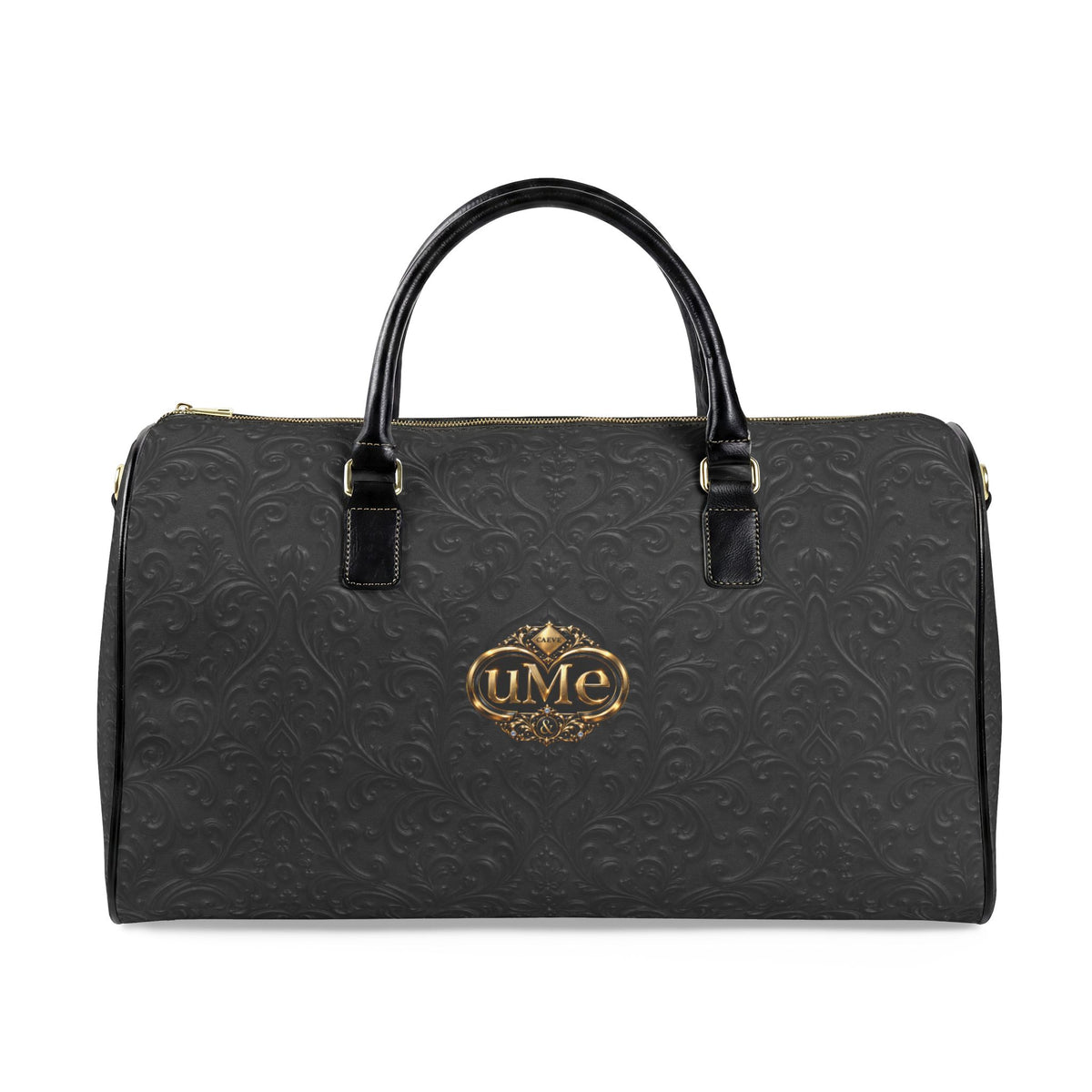Black Faux Leather Duffle Bag — Gold 'uMe' Crest Weekender