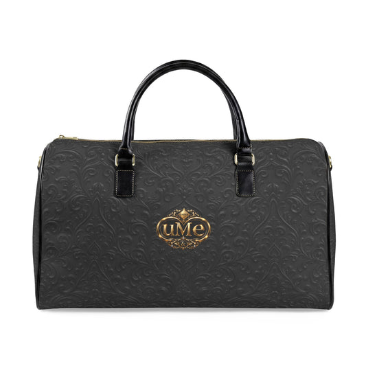 Black Faux Leather Duffle Bag — Gold 'uMe' Crest Weekender