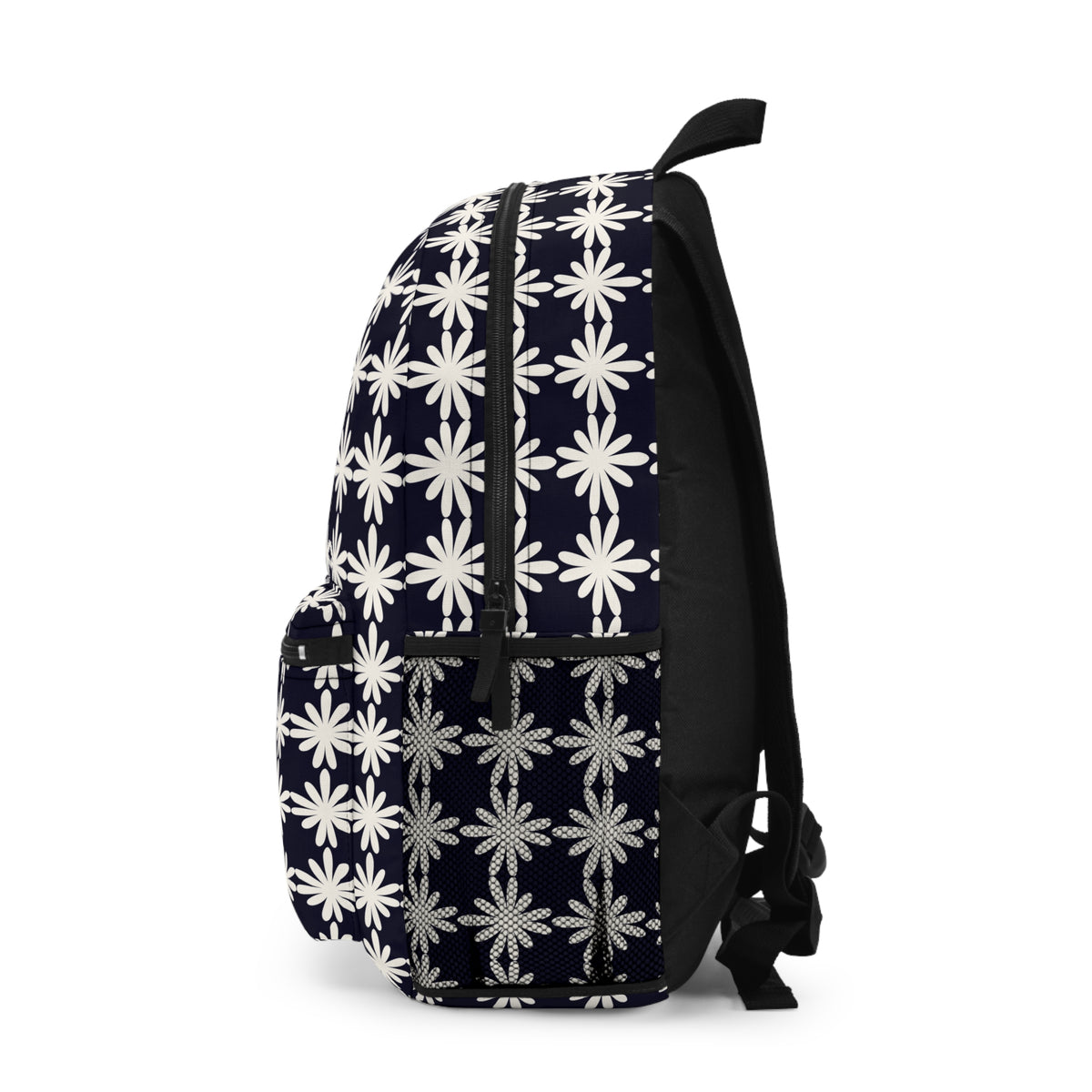 Navy Daisy Pattern Backpack — Floral Geometric School & Travel Bag