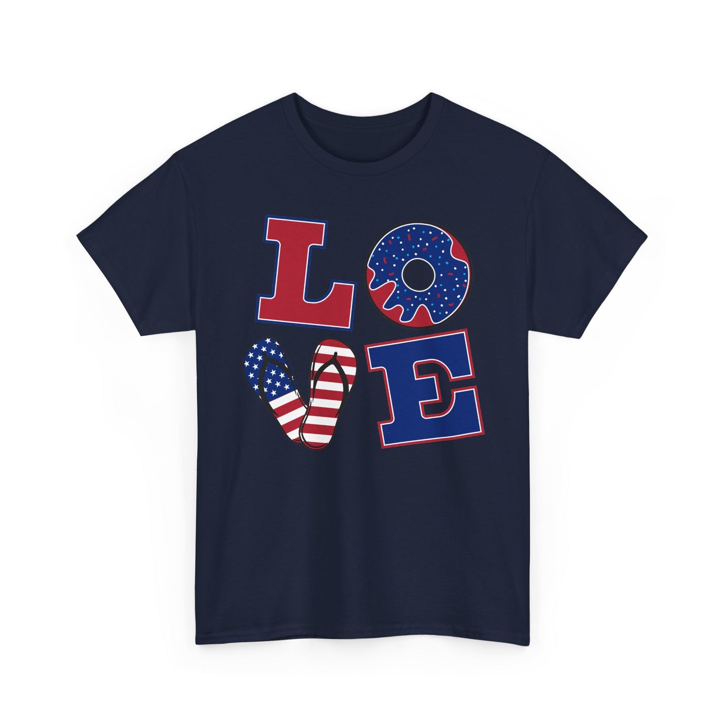 Patriotic "LOVE" Tee – American Flag Donut Heart 4th of July Shirt