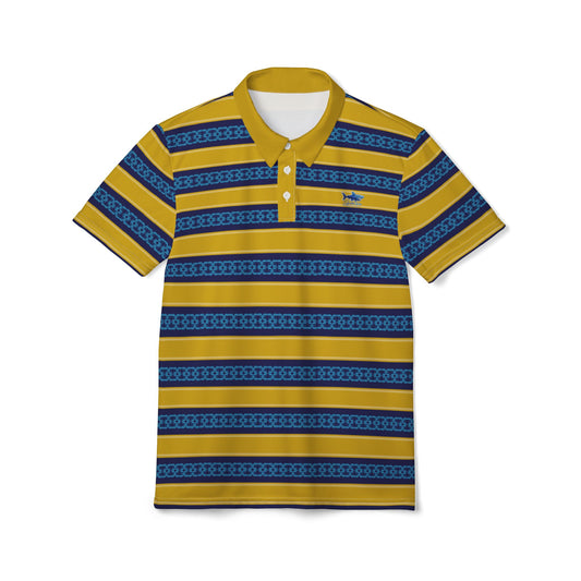 Striped Polo Shirt — Yellow & Blue Chain-Motif All-Over Print