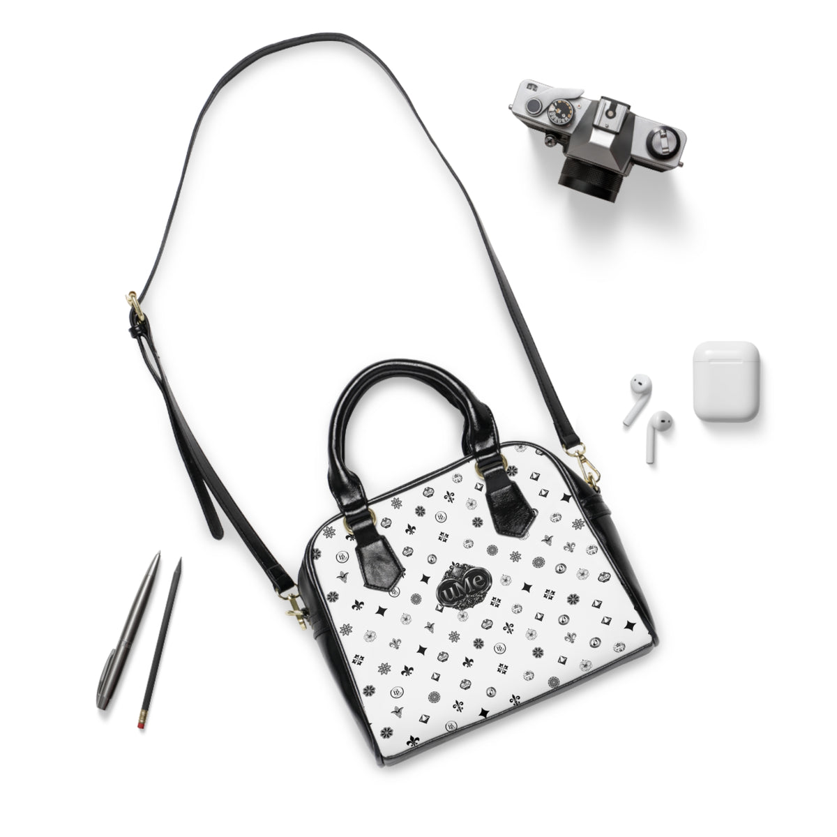UME Monogram Pattern Shoulder Handbag — White All-Over Print