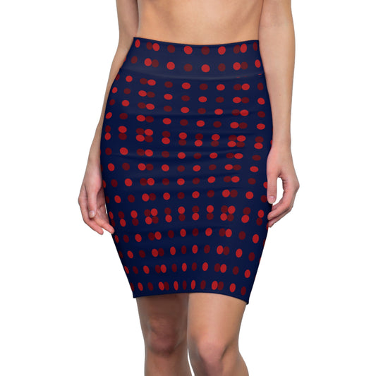 Navy & Red Polka Dot Pencil Skirt — Retro Chic AOP Skirt