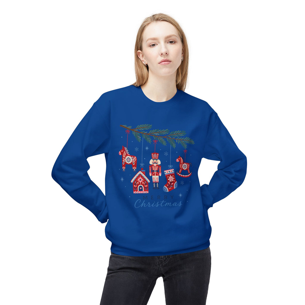 Merry Christmas Scandinavian Folk Art Crewneck Sweatshirt — White, Red & More