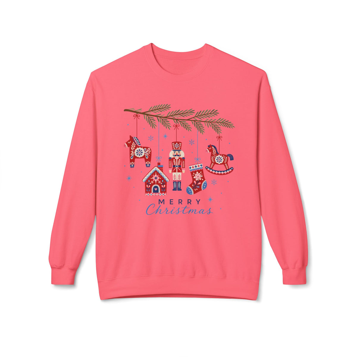 Merry Christmas Scandinavian Folk Art Crewneck Sweatshirt — White, Red & More