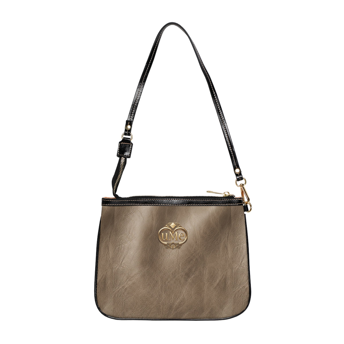 Taupe Small Shoulder Bag – Minimal PU Leather Purse with Gold uMe Logo