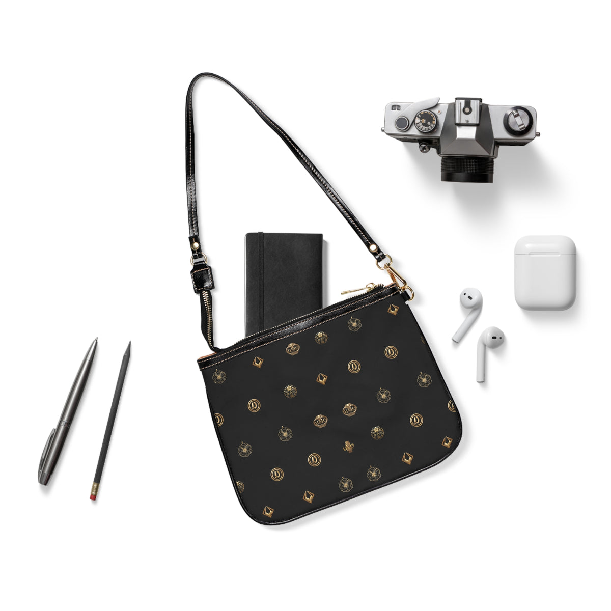Black Monogram Small Shoulder Bag – Gold Emblem Print PU Leather Purse