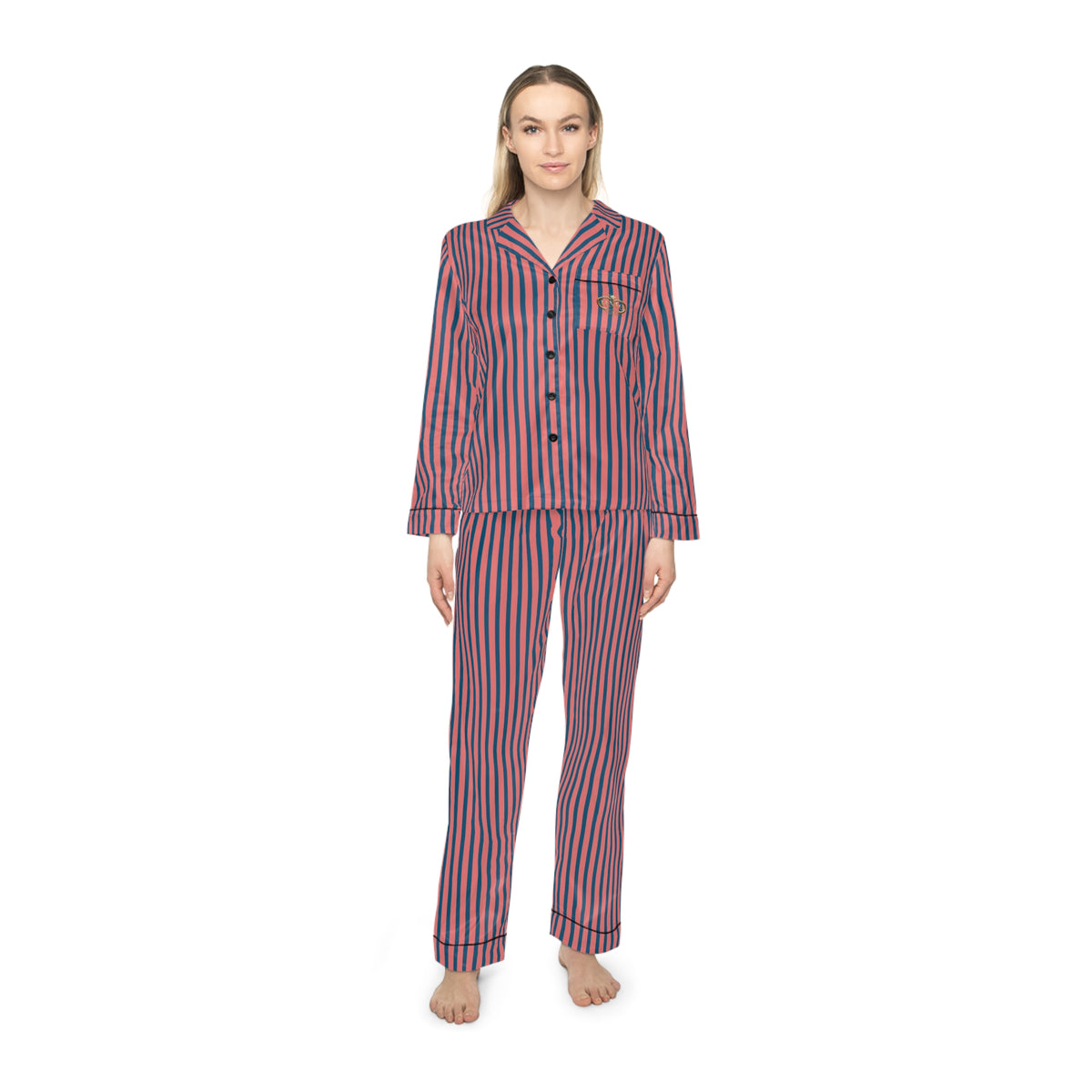 UME Striped Satin Women's Pajama Set — Coral Pink All-Over Print