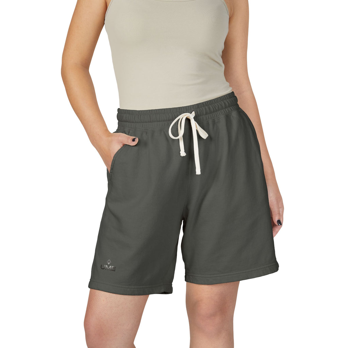 Fleece Sweat Shorts — Garment-Dyed UME Dark Grey Logo All-Over Print