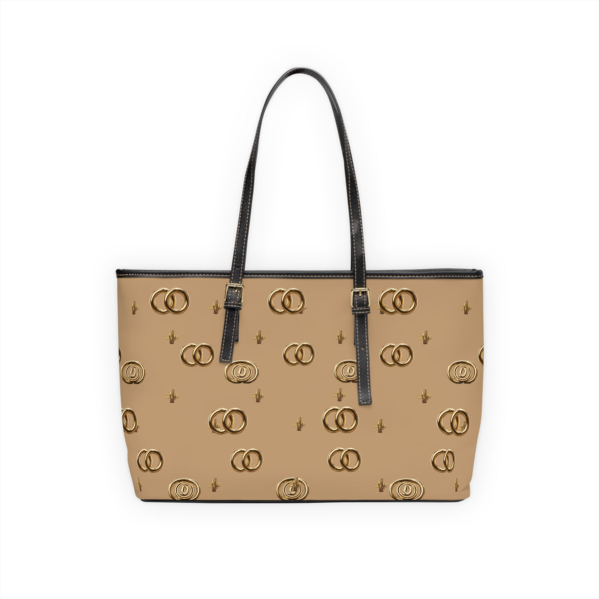 PU Leather Shoulder Bag — Beige Gold Emblem Tote