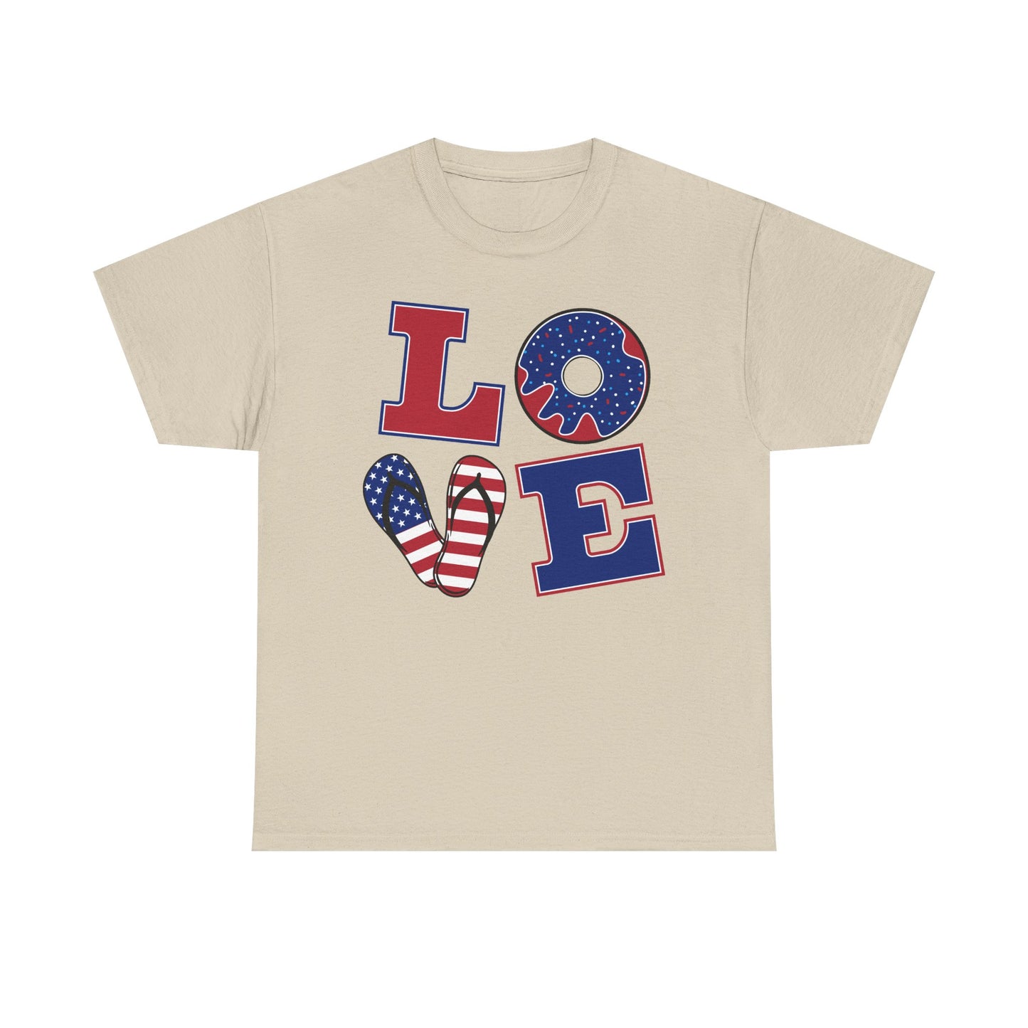 Patriotic "LOVE" Tee – American Flag Donut Heart 4th of July Shirt