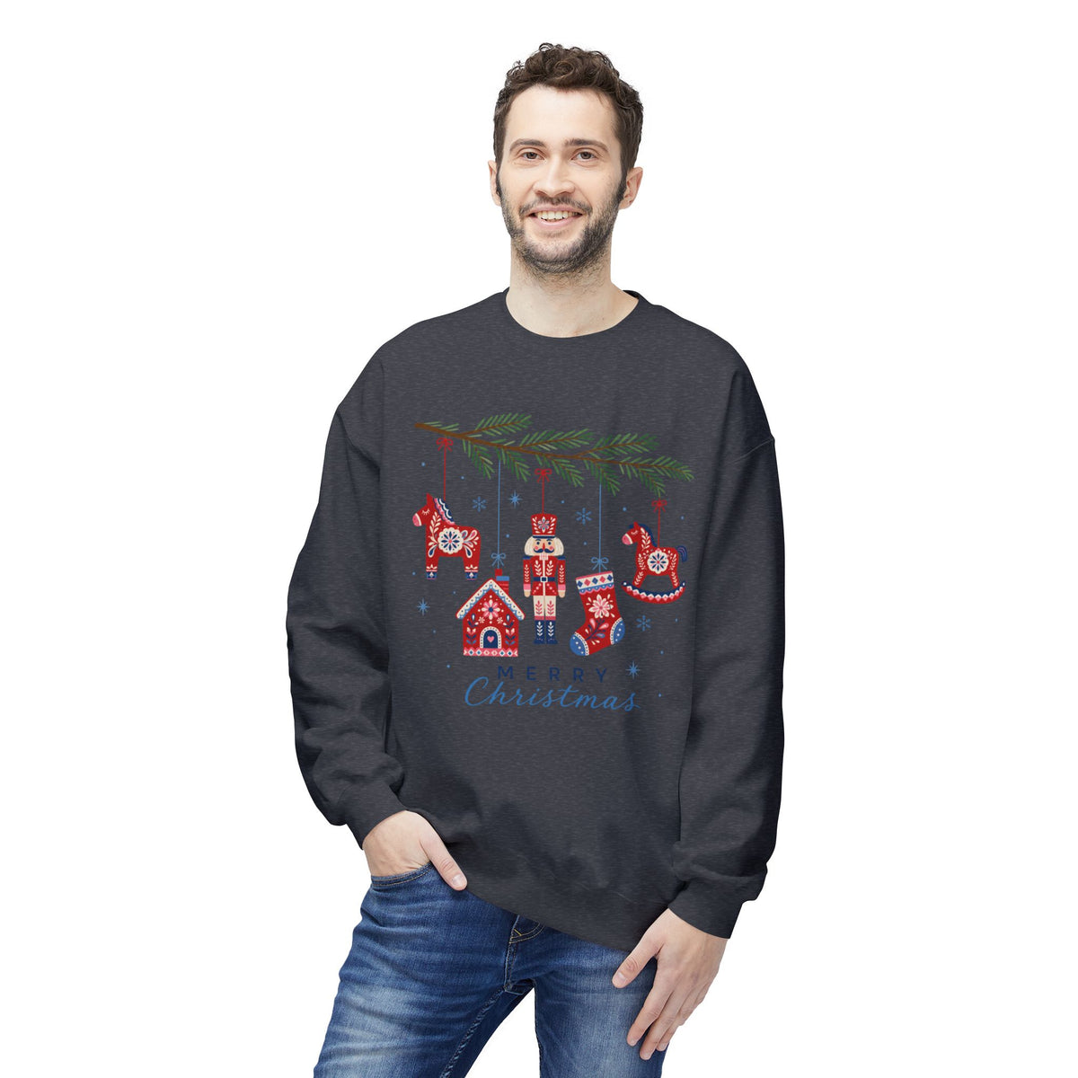 Merry Christmas Scandinavian Folk Art Crewneck Sweatshirt — White, Red & More