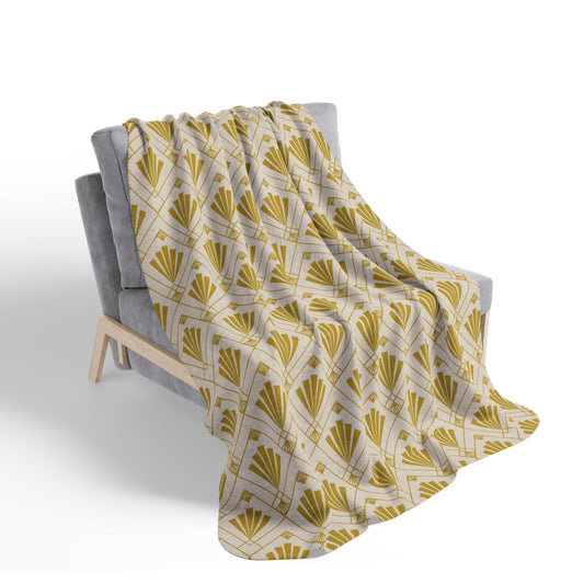 Art Deco Gold Fan Sherpa Blanket – Plush Fleece Throw in Grey & Beige