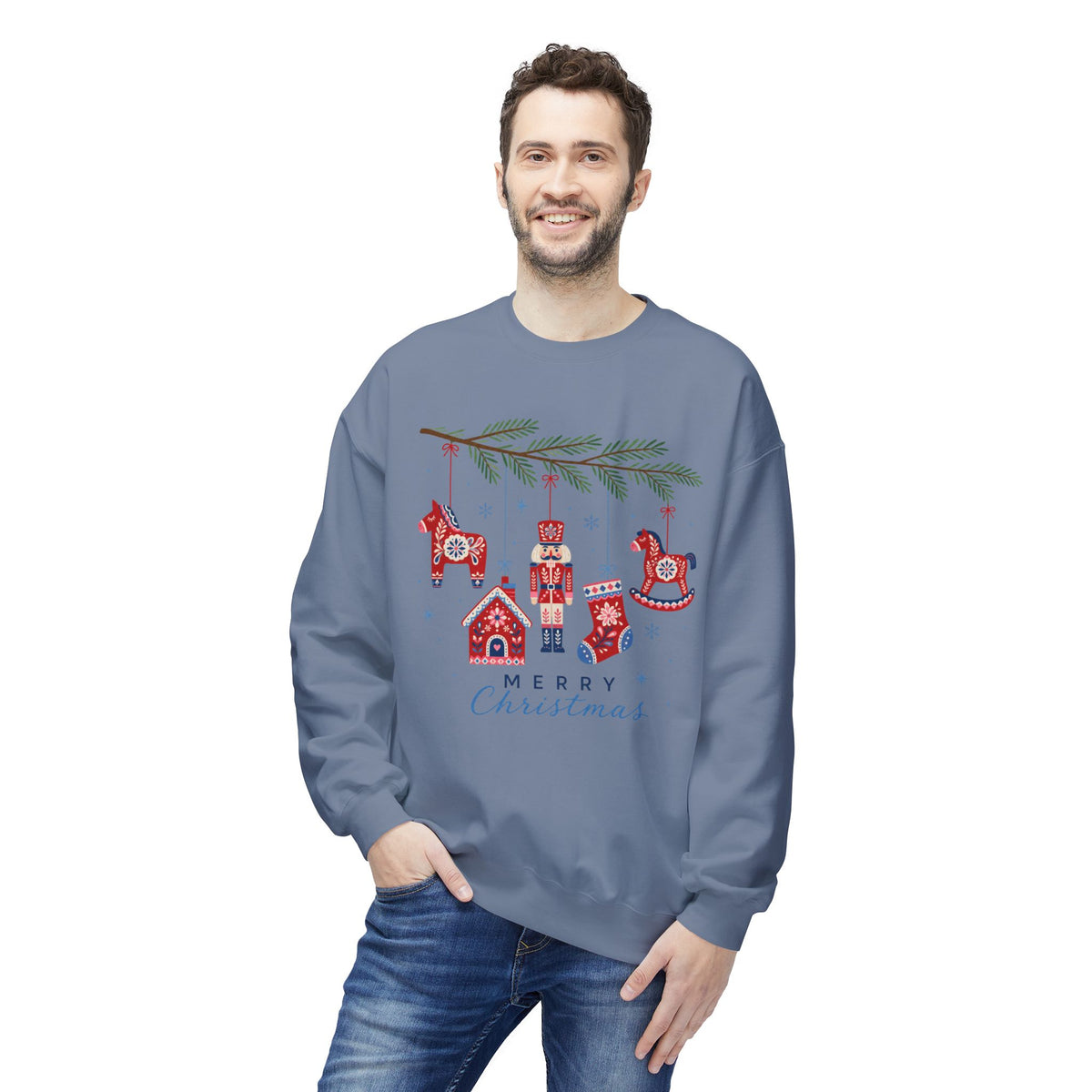 Merry Christmas Scandinavian Folk Art Crewneck Sweatshirt — White, Red & More