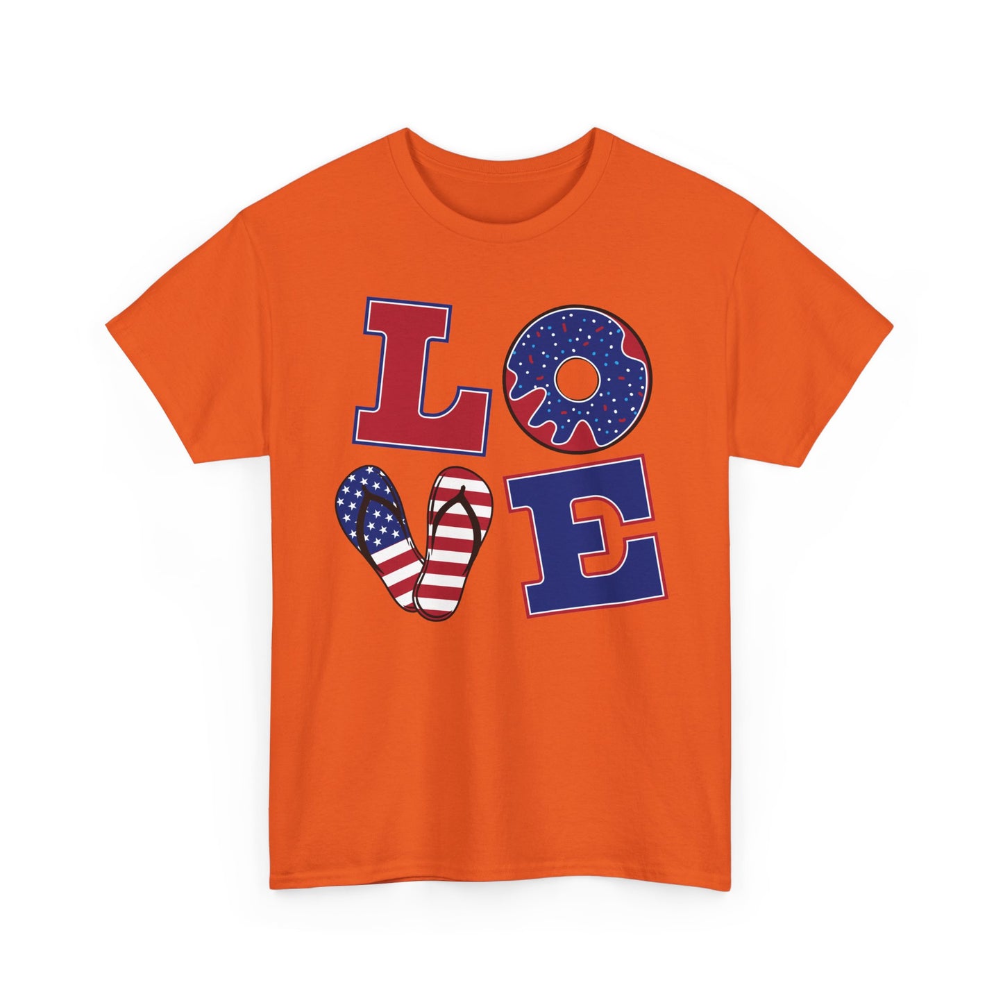Patriotic "LOVE" Tee – American Flag Donut Heart 4th of July Shirt