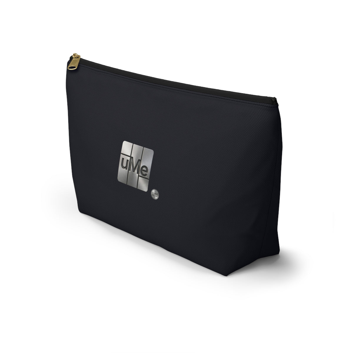 Accessory Pouch — Sleek Black T‑Bottom Cosmetic & Tech Organizer with Metallic 'uMe' Logo