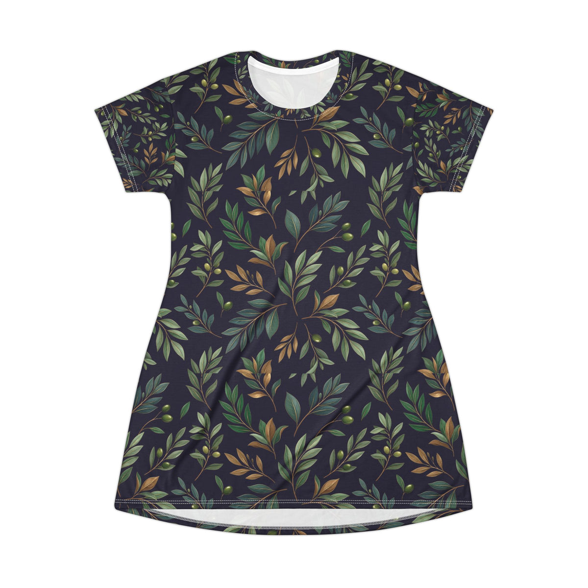 Botanical Vine T-Shirt Dress — Green & Earthy All-Over Print