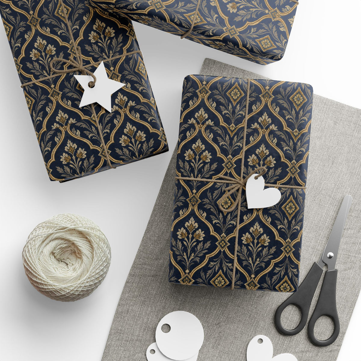 Lux Navy & Gold Damask Wrapping Paper Roll — Elegant Gift Wrap for Weddings, Anniversaries & Holidays
